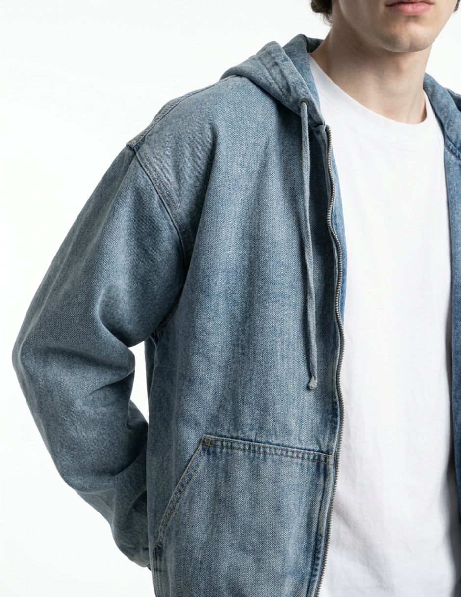 Chamarra denim con capucha y bolsa para hombre 4